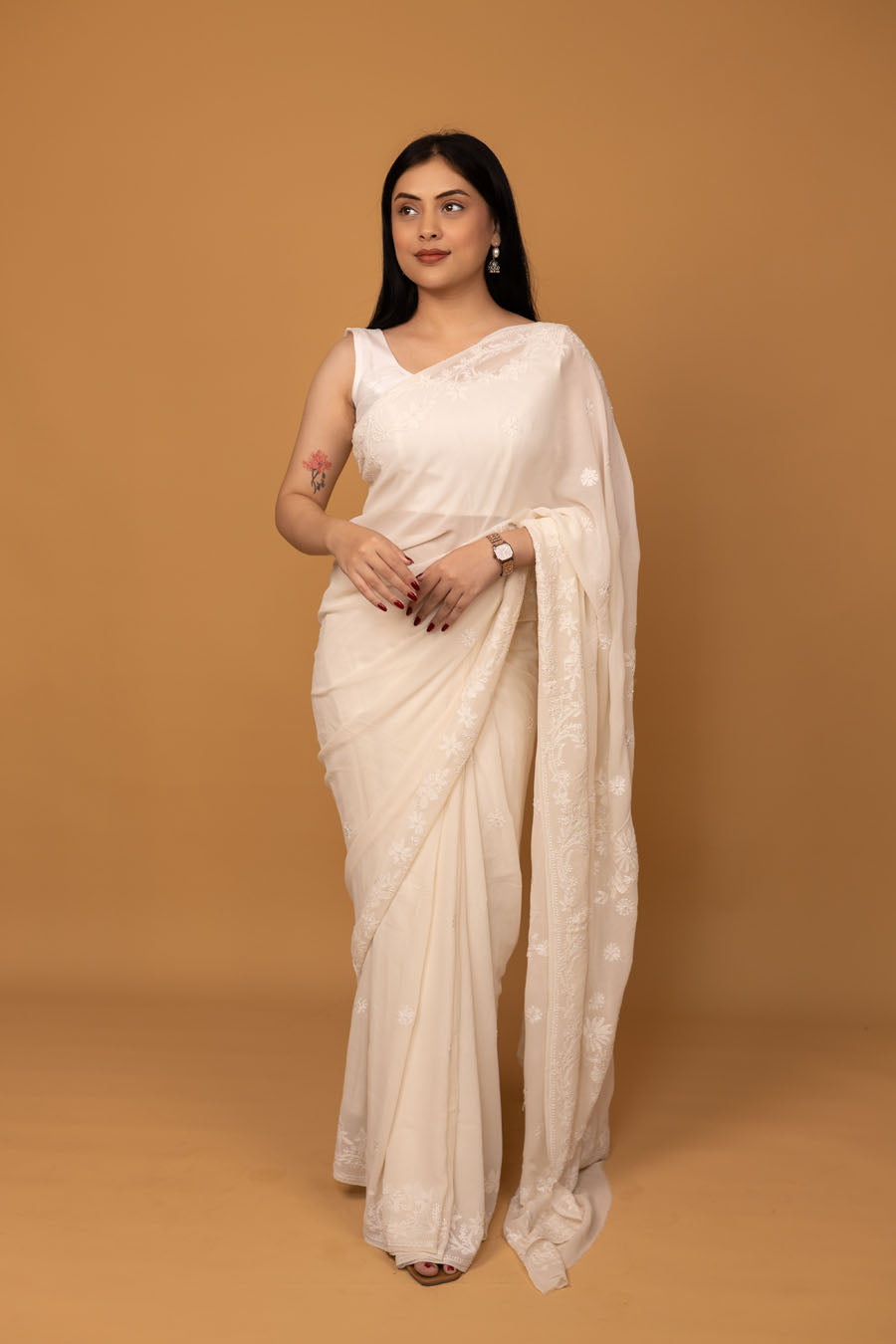 Hansini | Whispering White Pure Georgette Chikankari Saree