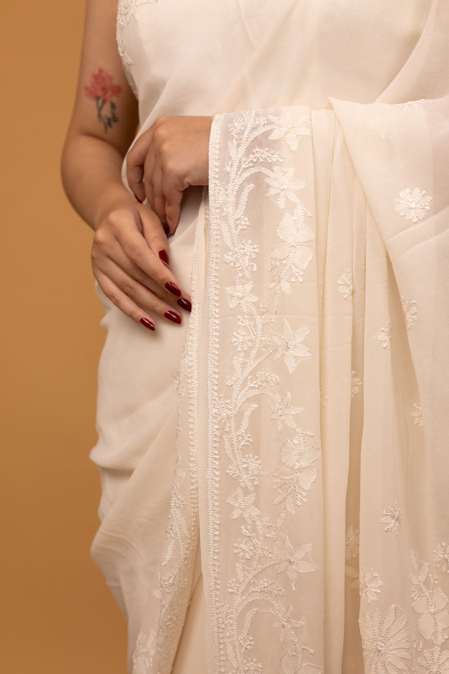 Hansini | Whispering White Pure Georgette Chikankari Saree