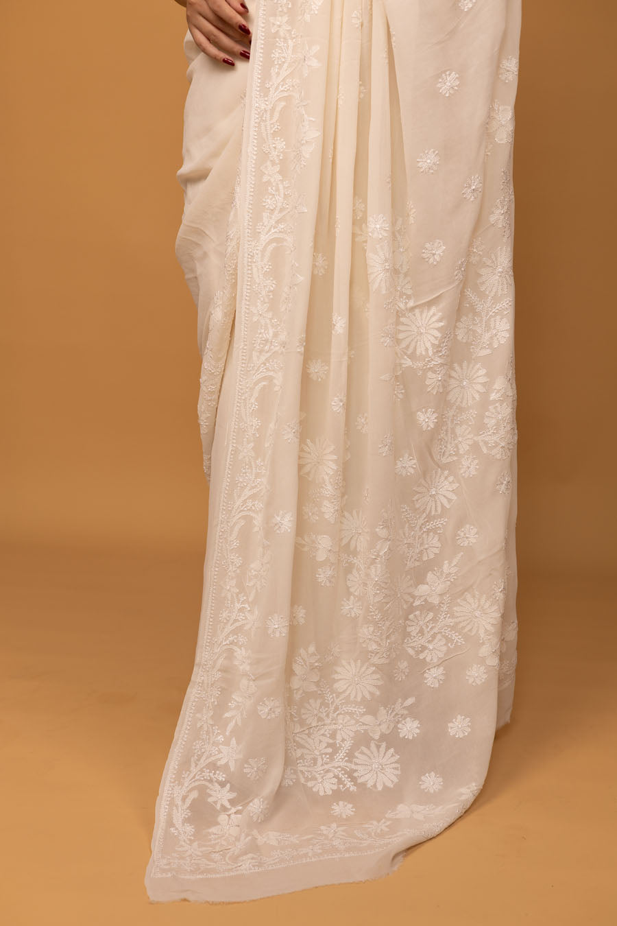 Hansini | Whispering White Pure Georgette Chikankari Saree