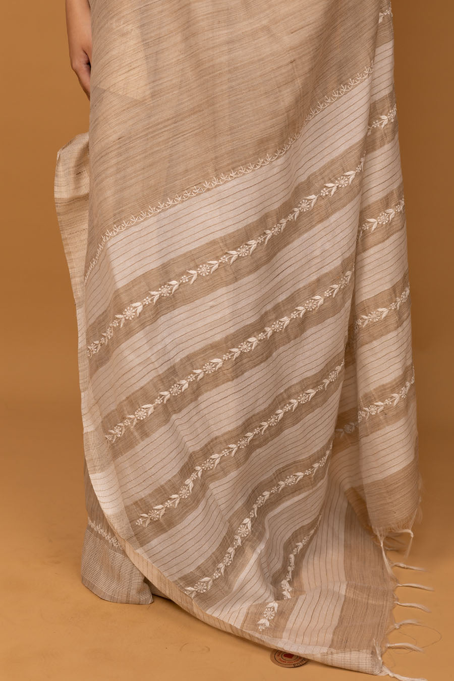 Urvashi | Earthmist Beige Handloom Kochai Silk Chikankari Saree