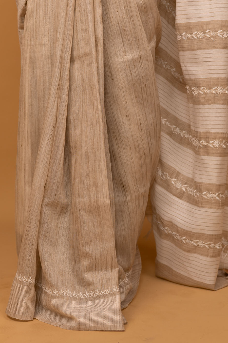 Urvashi | Earthmist Beige Handloom Kochai Silk Chikankari Saree