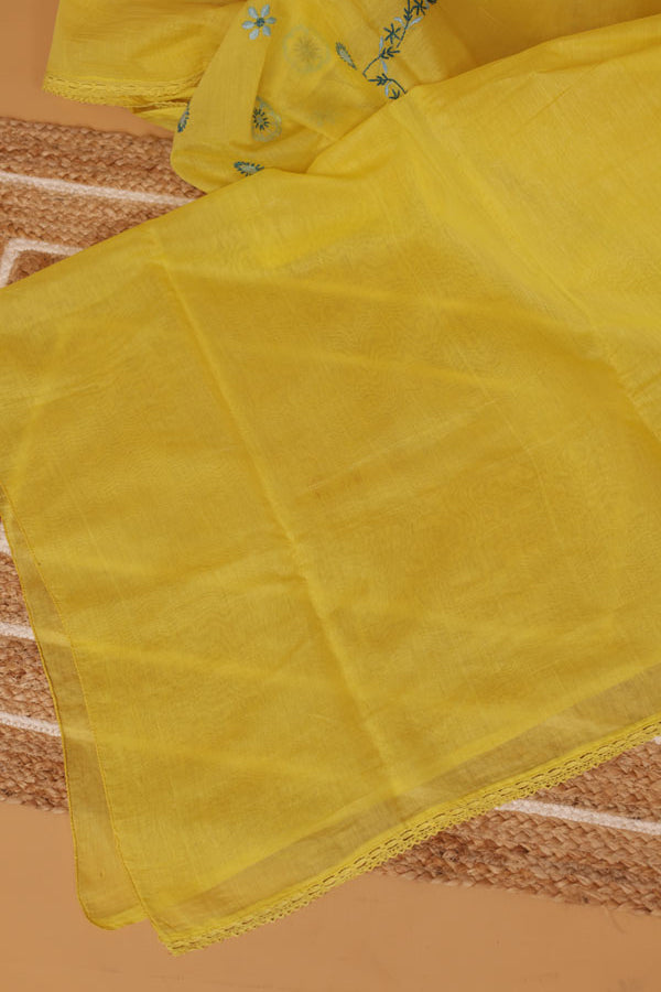 Surmayi | Marigold Yellow Hand embroidered Mul Chanderi Silk Chikankari Saree