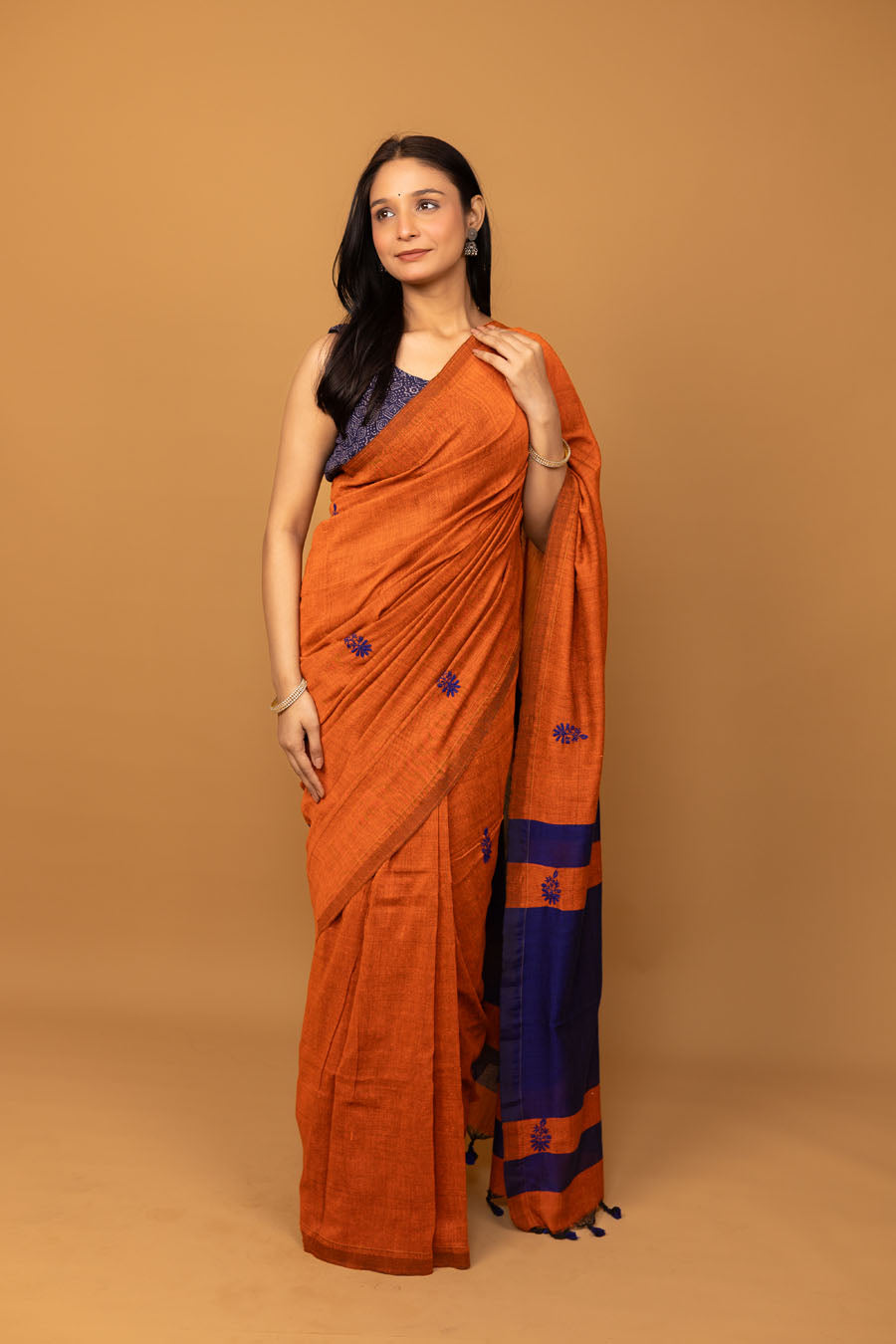 Vidushi | Rust Orange Handloom Cotton ChikankariSaree