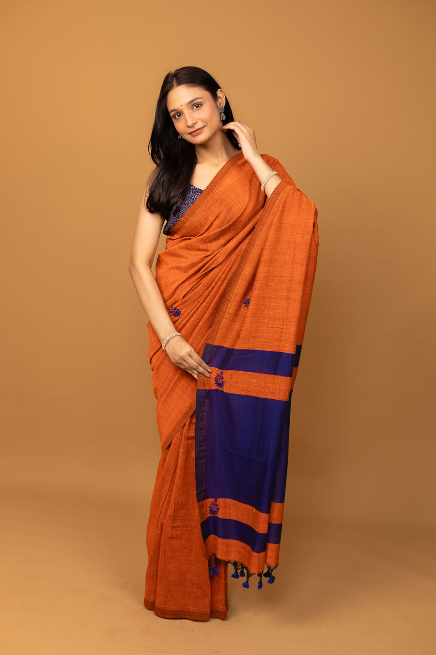 Vidushi | Rust Orange Handloom Cotton ChikankariSaree