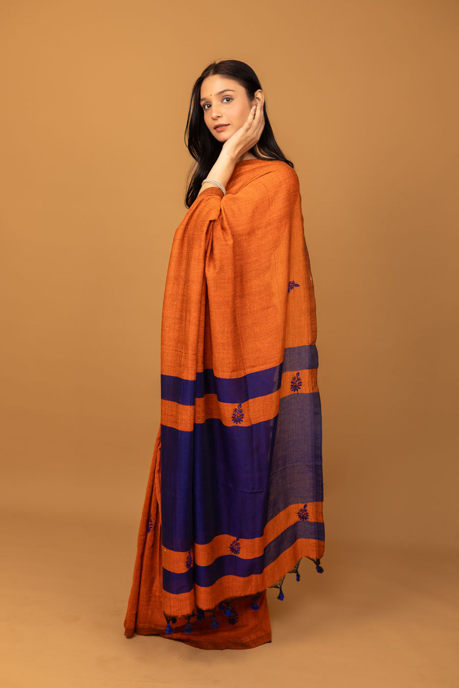 Vidushi | Rust Orange Handloom Cotton ChikankariSaree