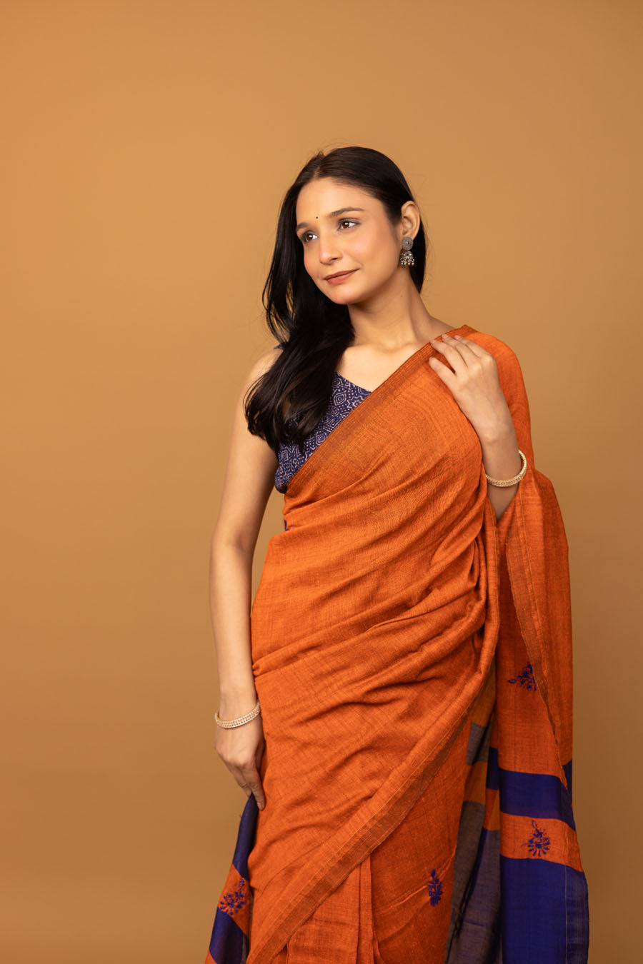 Vidushi | Rust Orange Handloom Cotton ChikankariSaree