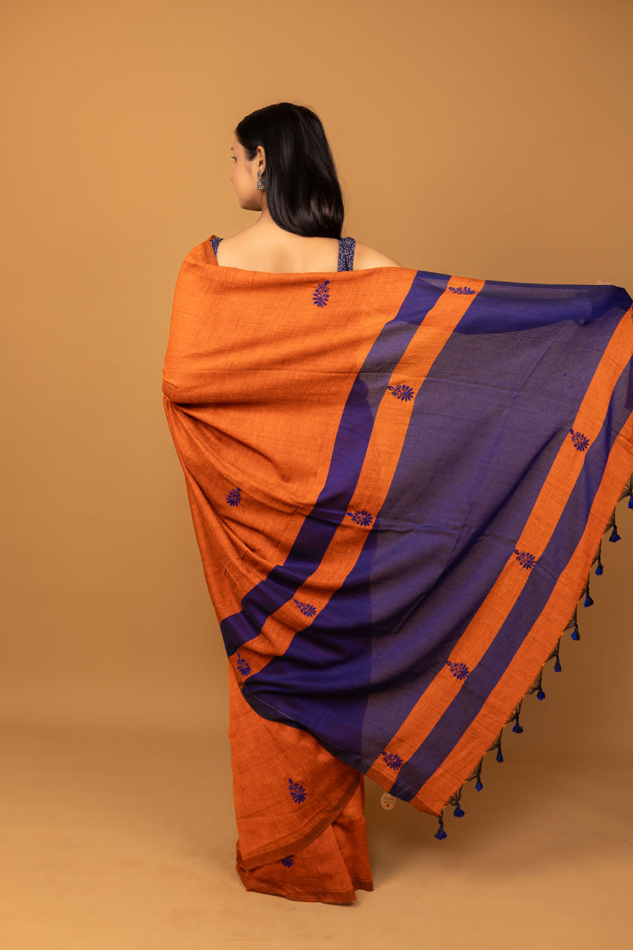 Vidushi | Rust Orange Handloom Cotton ChikankariSaree