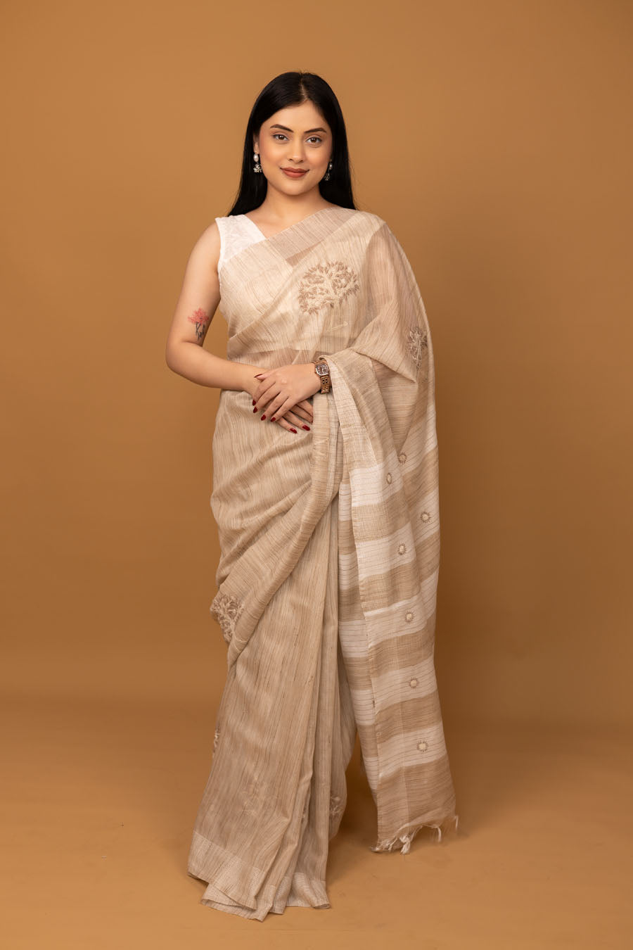 Hansini | Champagne Beige Handloom Kochai Silk Chikankari Saree