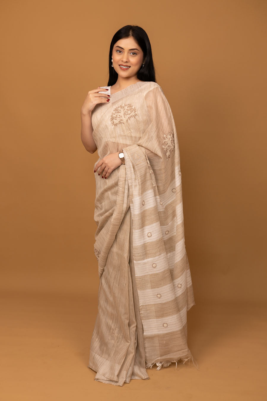 Hansini | Champagne Beige Handloom Kochai Silk Chikankari Saree