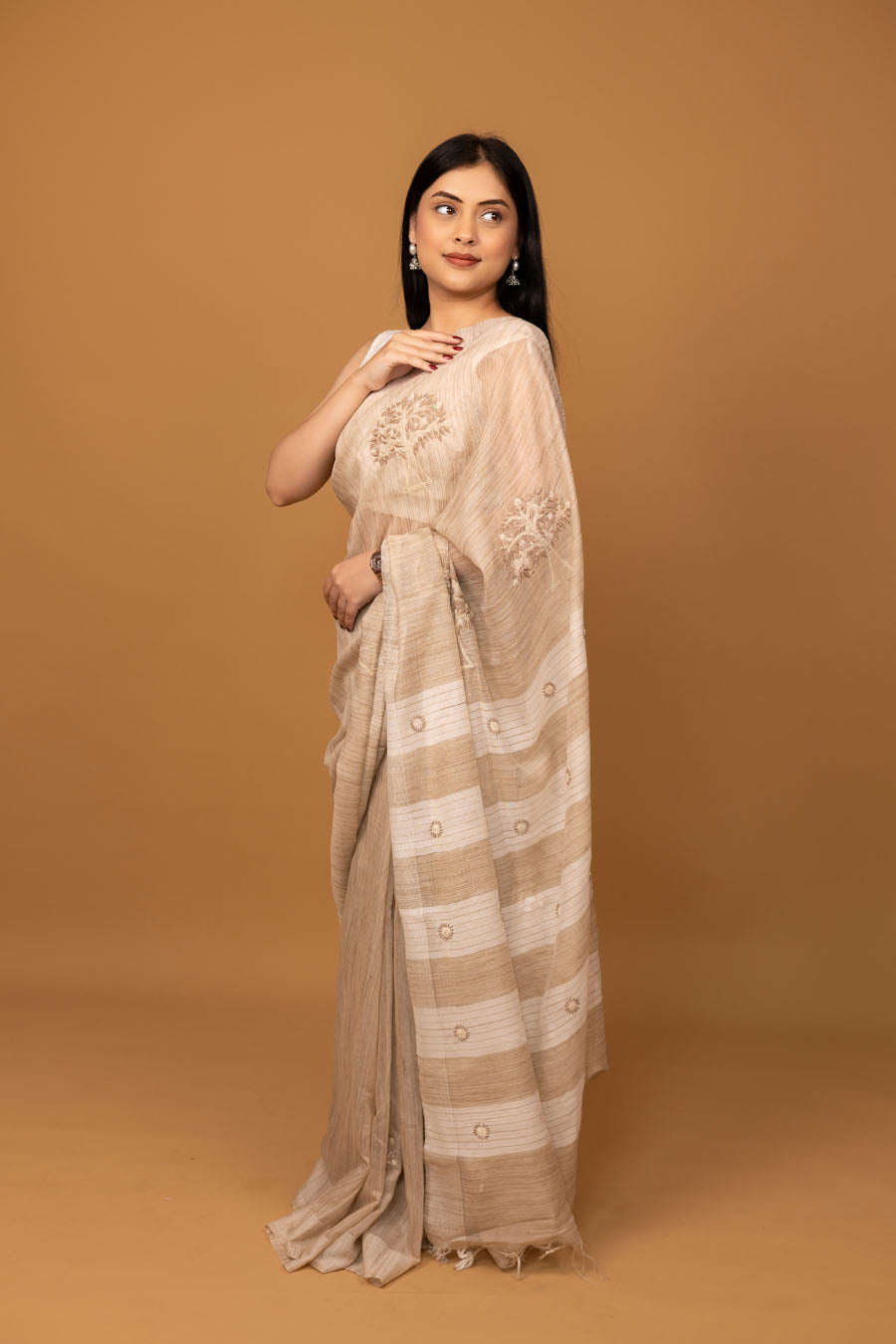 Hansini | Champagne Beige Handloom Kochai Silk Chikankari Saree