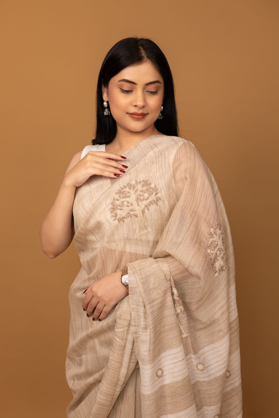 Hansini | Champagne Beige Handloom Kochai Silk Chikankari Saree