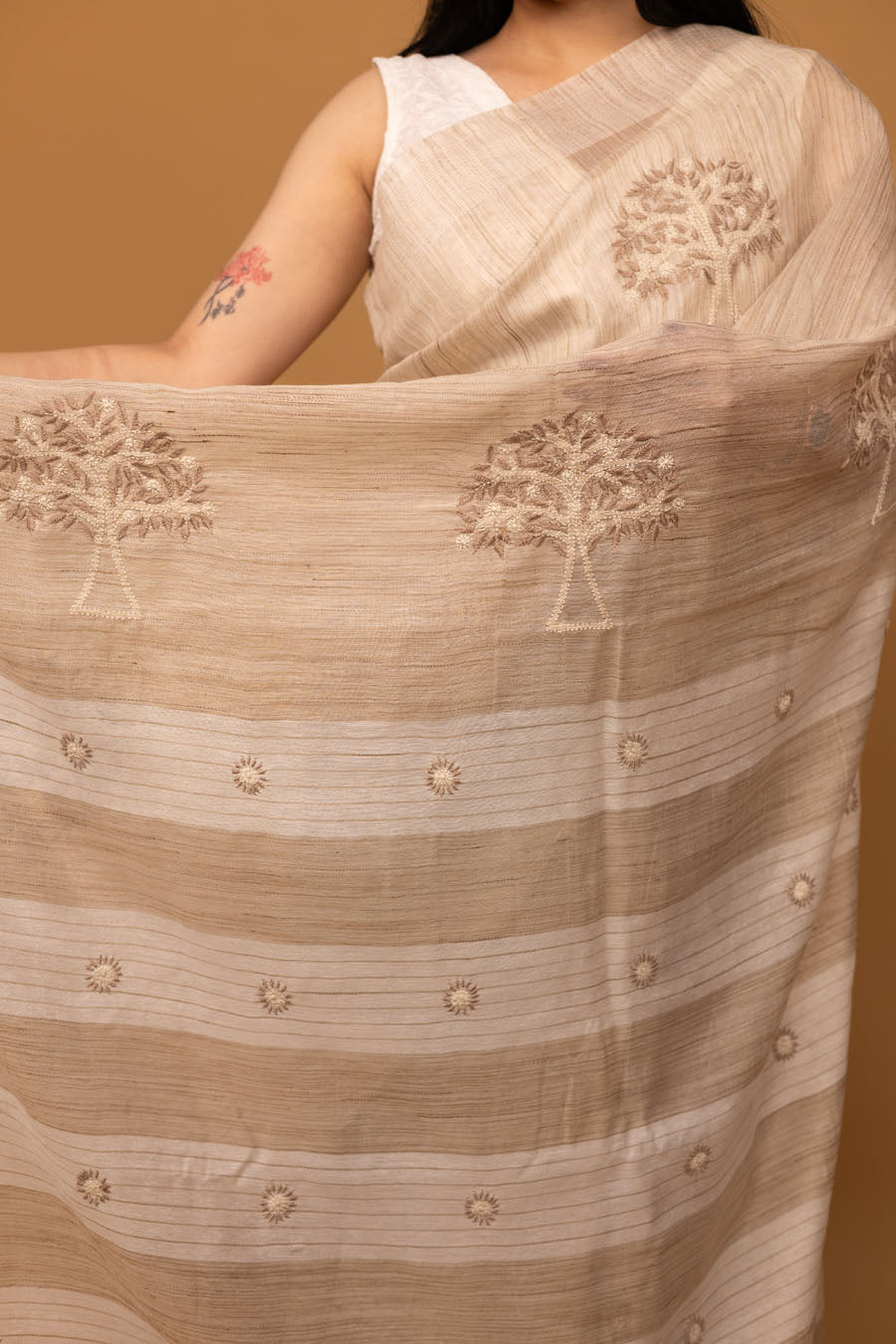 Hansini | Champagne Beige Handloom Kochai Silk Chikankari Saree