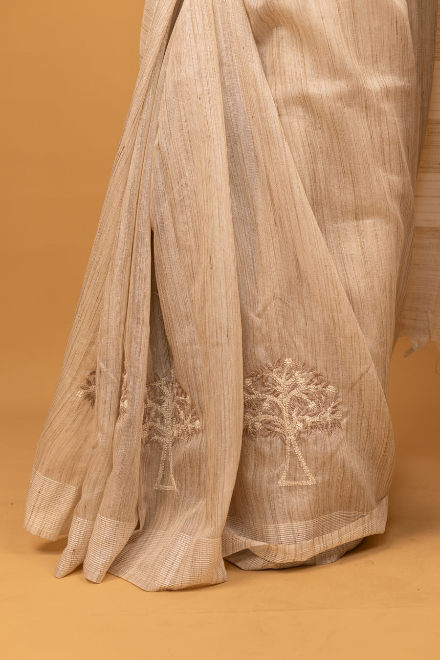 Hansini | Champagne Beige Handloom Kochai Silk Chikankari Saree