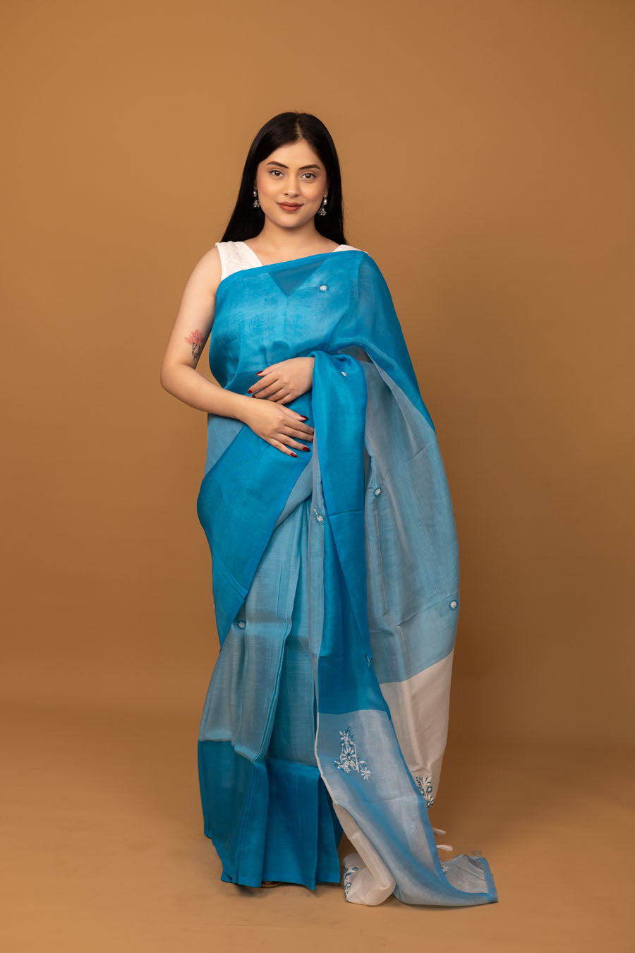 Vidushi | Rainwased Blue Mangalgiri Pattu Silk Chikankari Saree