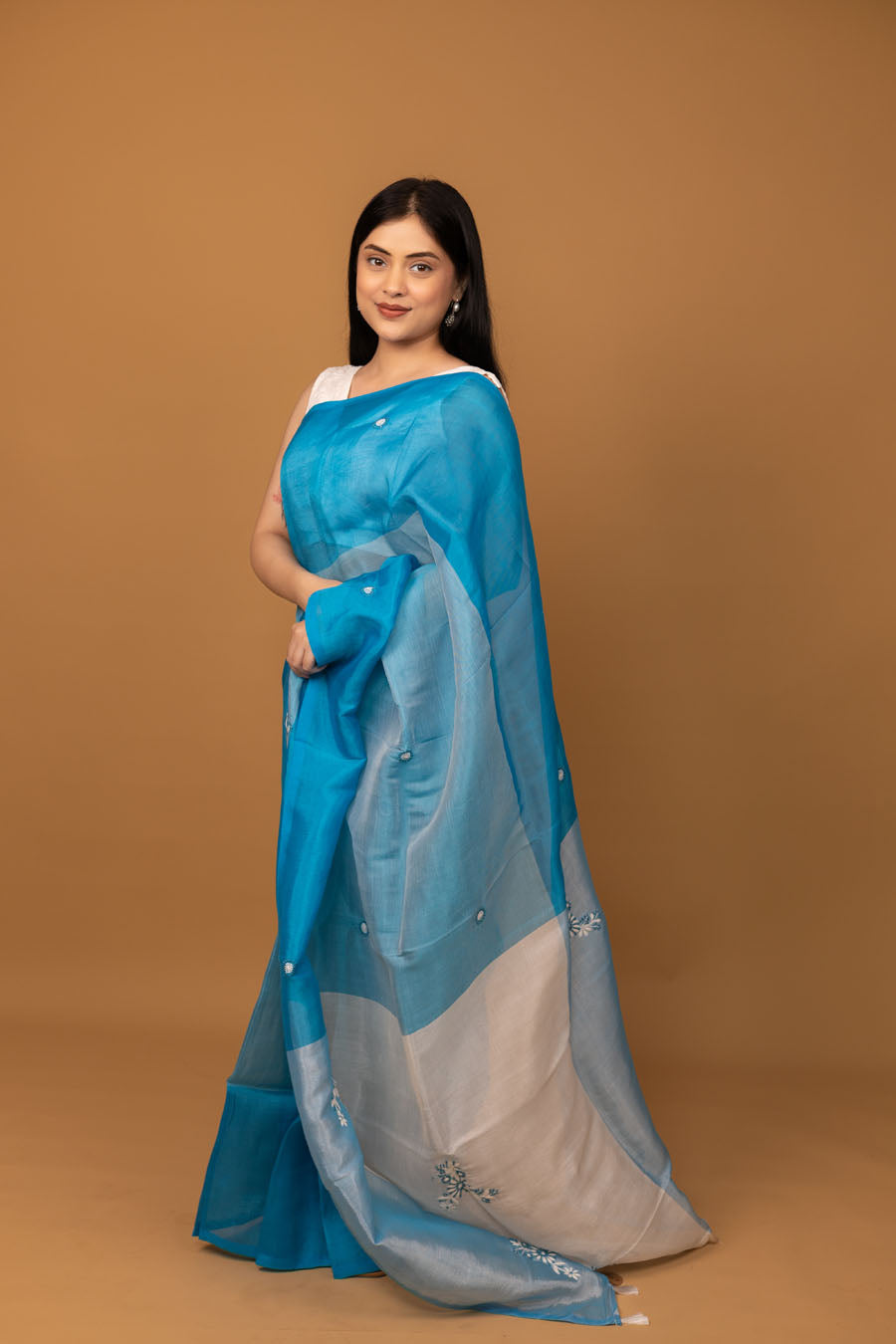 Vidushi | Rainwased Blue Mangalgiri Pattu Silk Chikankari Saree