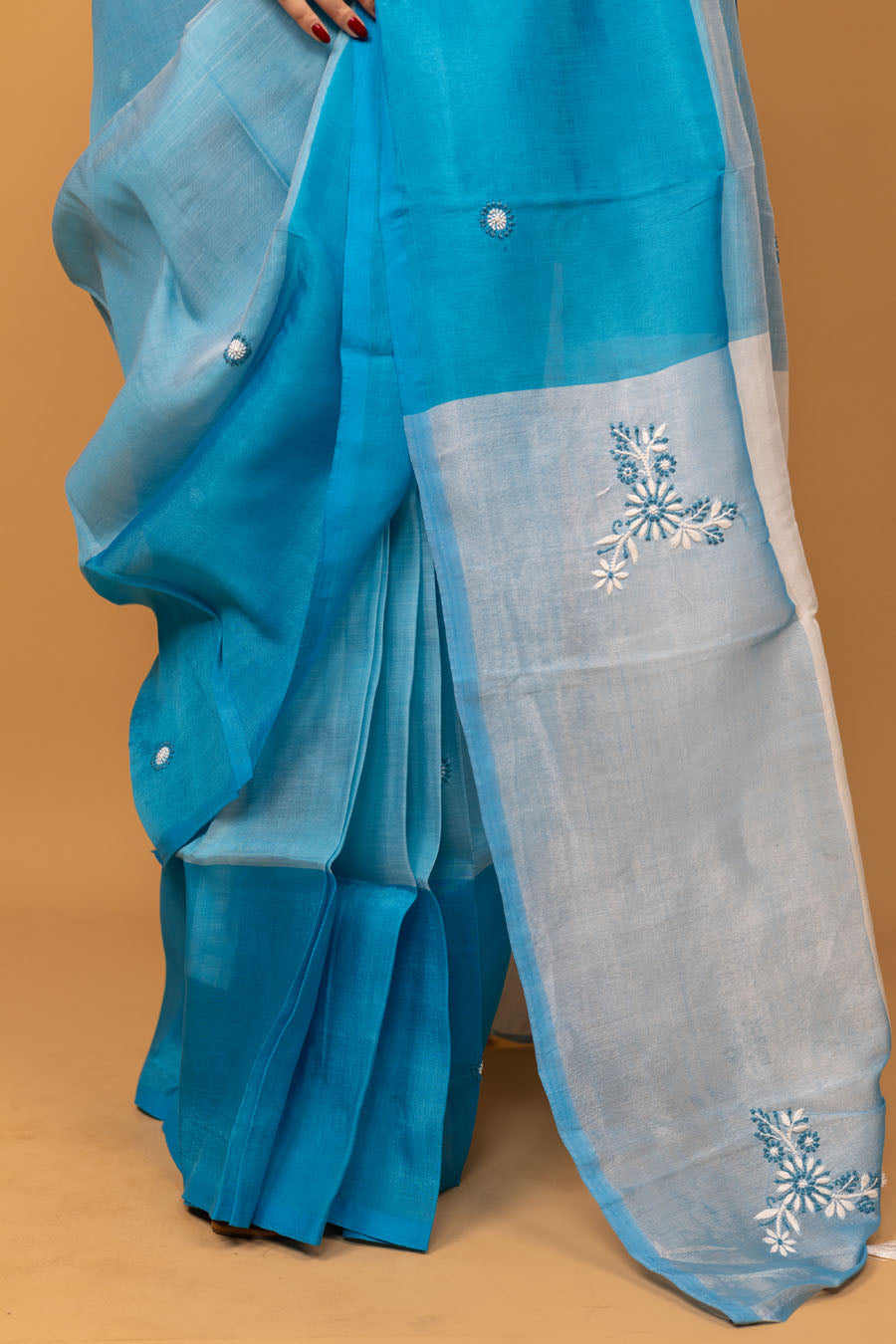 Vidushi | Rainwased Blue Mangalgiri Pattu Silk Chikankari Saree
