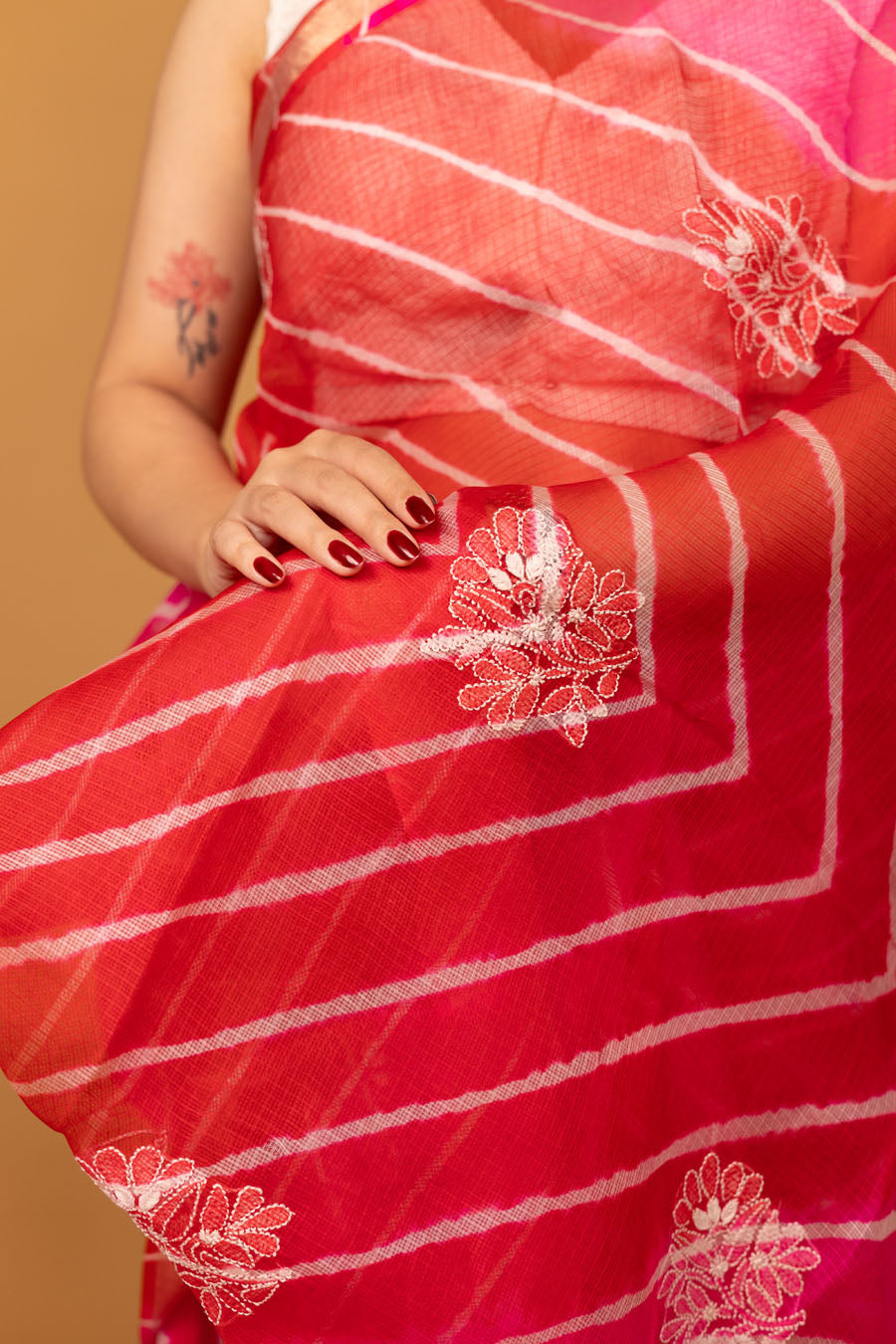 Surmayi | Deep blush Pink Kota silk Leheriya Chikankari Saree