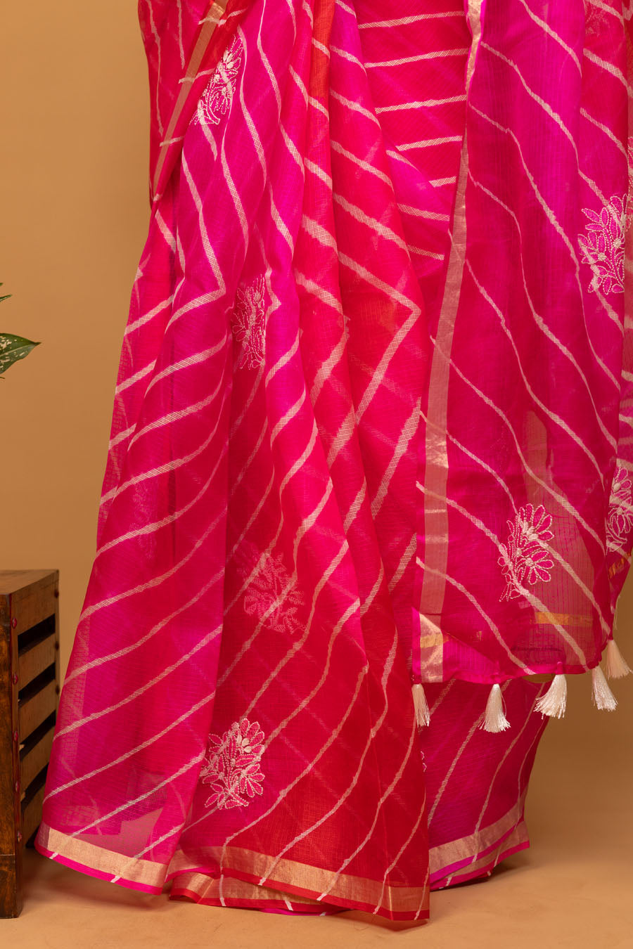 Surmayi | Deep blush Pink Kota silk Leheriya Chikankari Saree