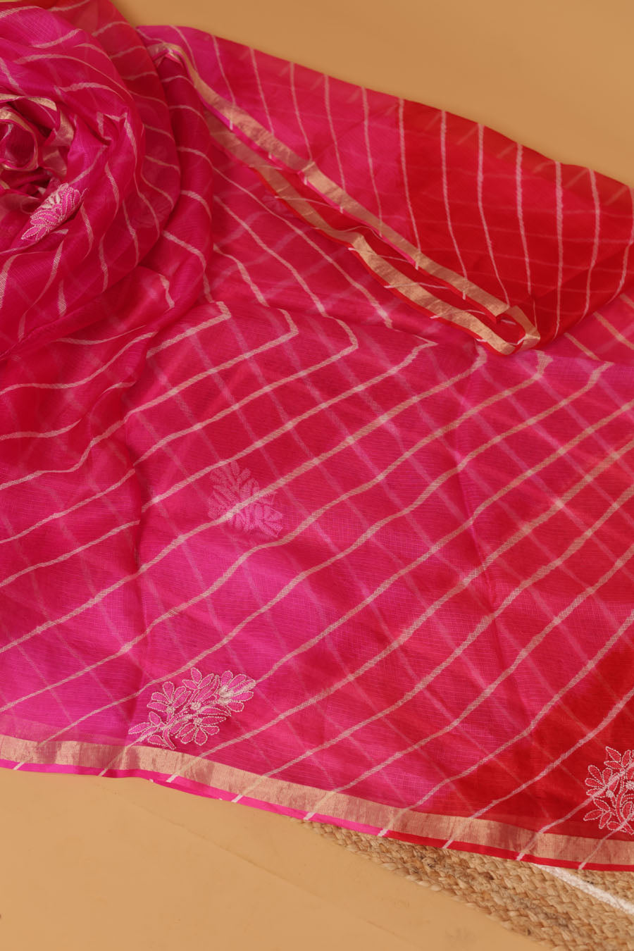 Surmayi | Deep blush Pink Kota silk Leheriya Chikankari Saree