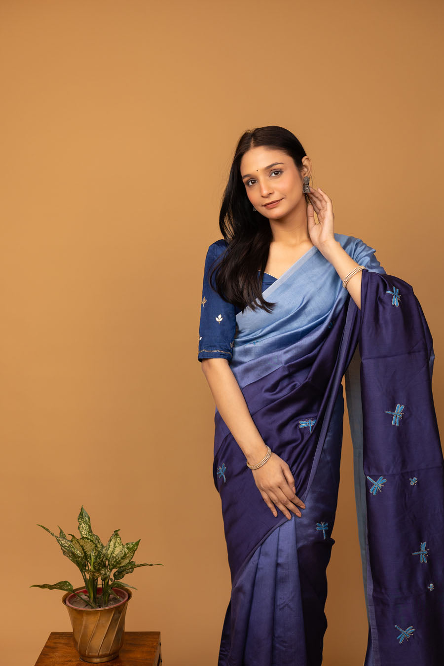 Urvashi | Frosted Ombre Blue Chiniya silk Chikankari Saree