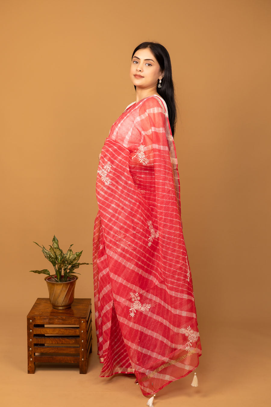 Surmayi | Tomato Red Kotadoriya Leheriya Cotton Chikankari Saree