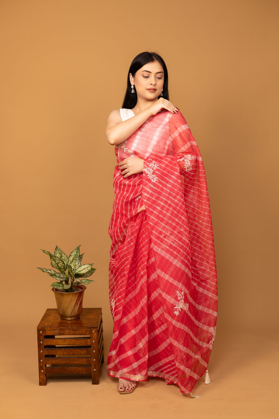 Surmayi | Tomato Red Kotadoriya Leheriya Cotton Chikankari Saree