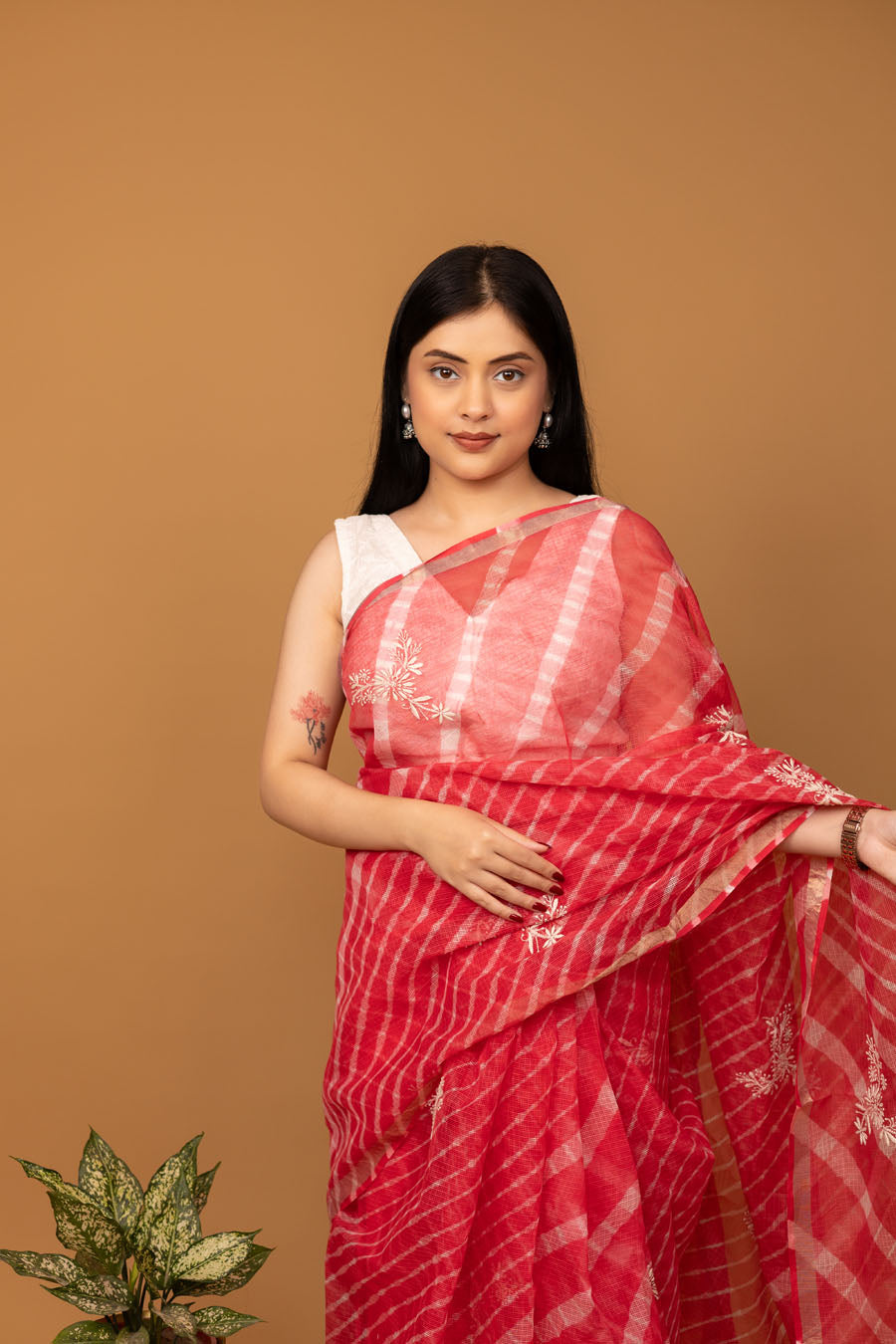 Surmayi | Tomato Red Kotadoriya Leheriya Cotton Chikankari Saree