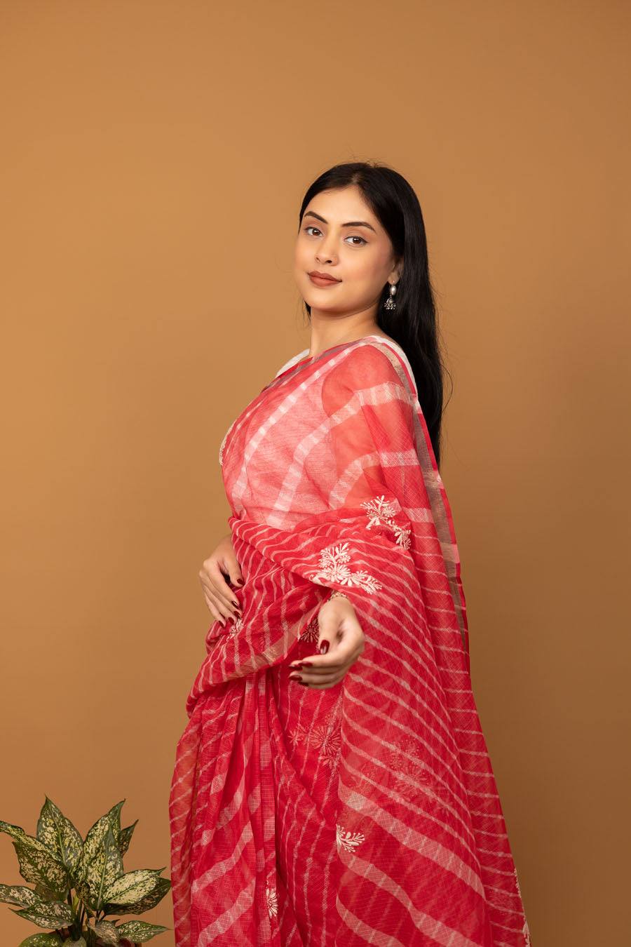 Surmayi | Tomato Red Kotadoriya Leheriya Cotton Chikankari Saree