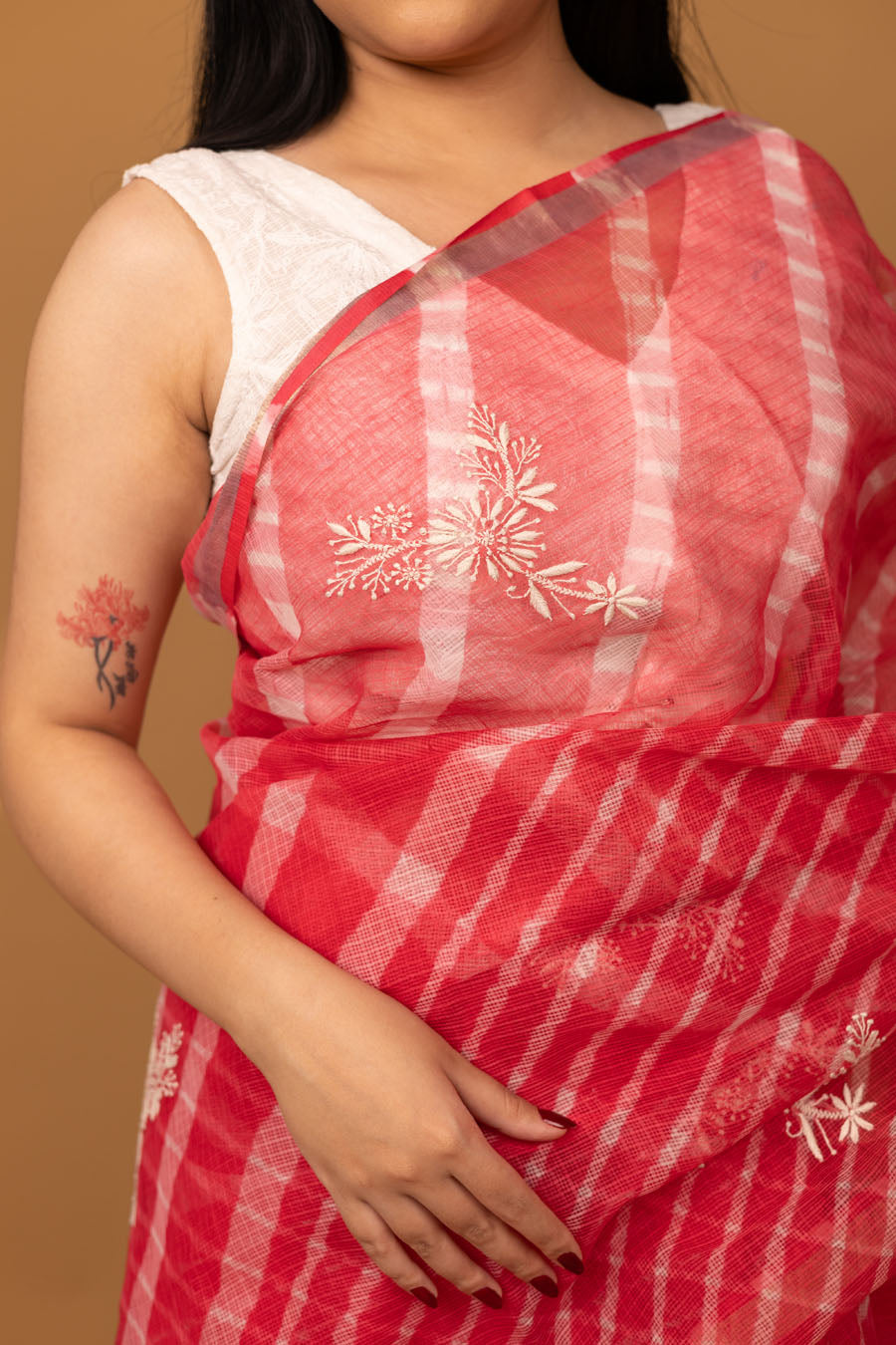 Surmayi | Tomato Red Kotadoriya Leheriya Cotton Chikankari Saree
