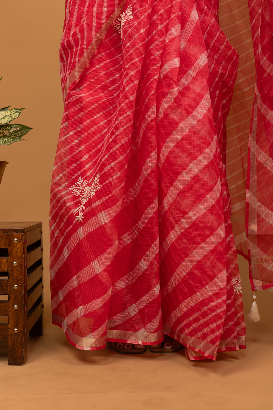 Surmayi | Tomato Red Kotadoriya Leheriya Cotton Chikankari Saree