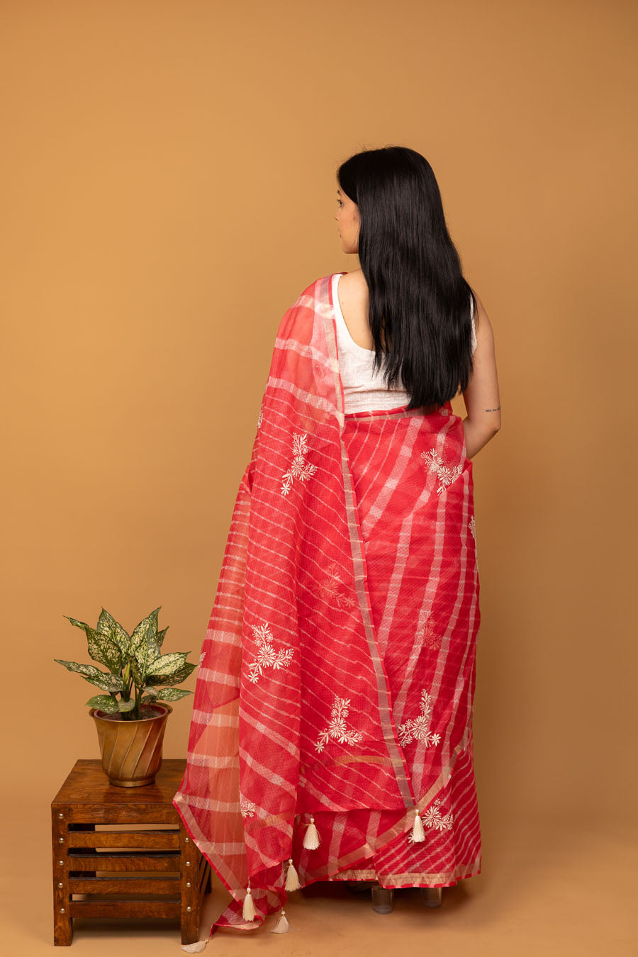 Surmayi | Tomato Red Kotadoriya Leheriya Cotton Chikankari Saree