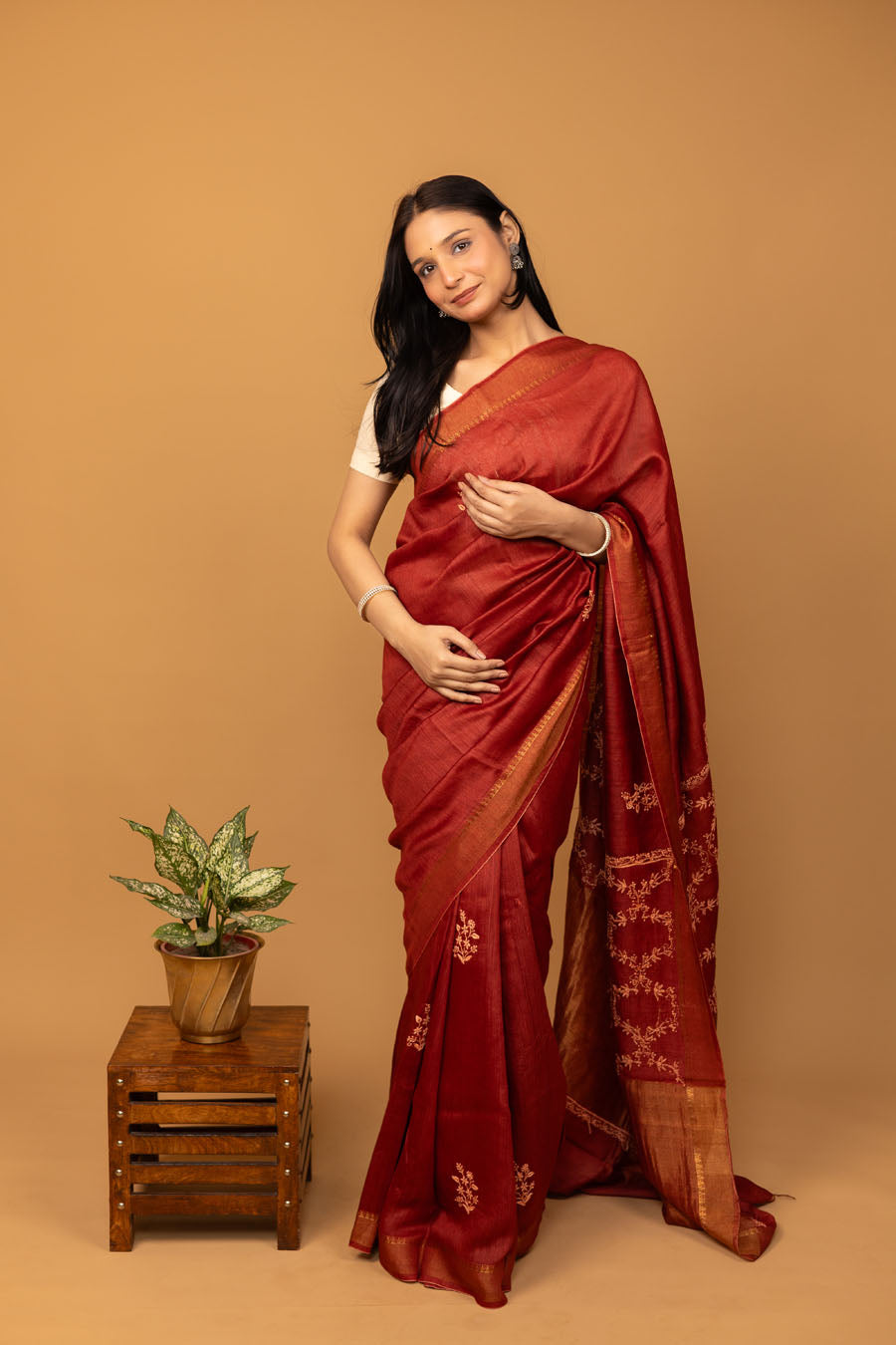 Urvashi | Mystique Maroon Moonga Silk Chikankari Saree