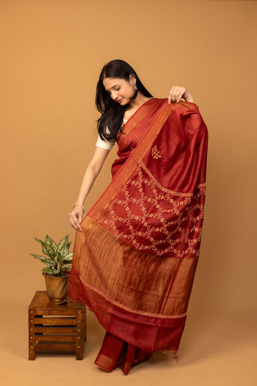 Urvashi | Mystique Maroon Moonga Silk Chikankari Saree