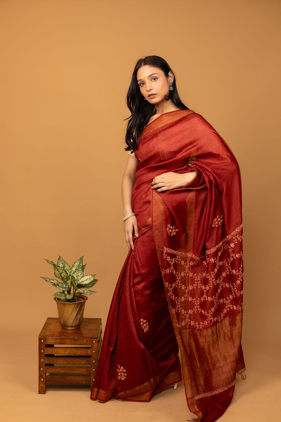 Urvashi | Mystique Maroon Moonga Silk Chikankari Saree