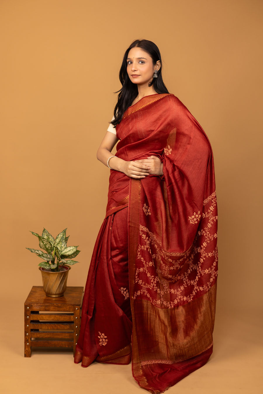 Urvashi | Mystique Maroon Moonga Silk Chikankari Saree