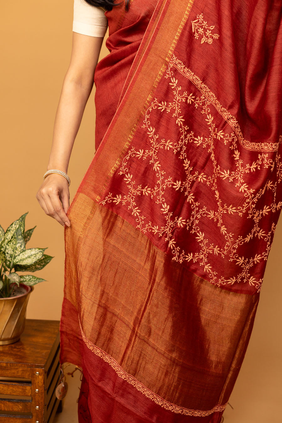 Urvashi | Mystique Maroon Moonga Silk Chikankari Saree
