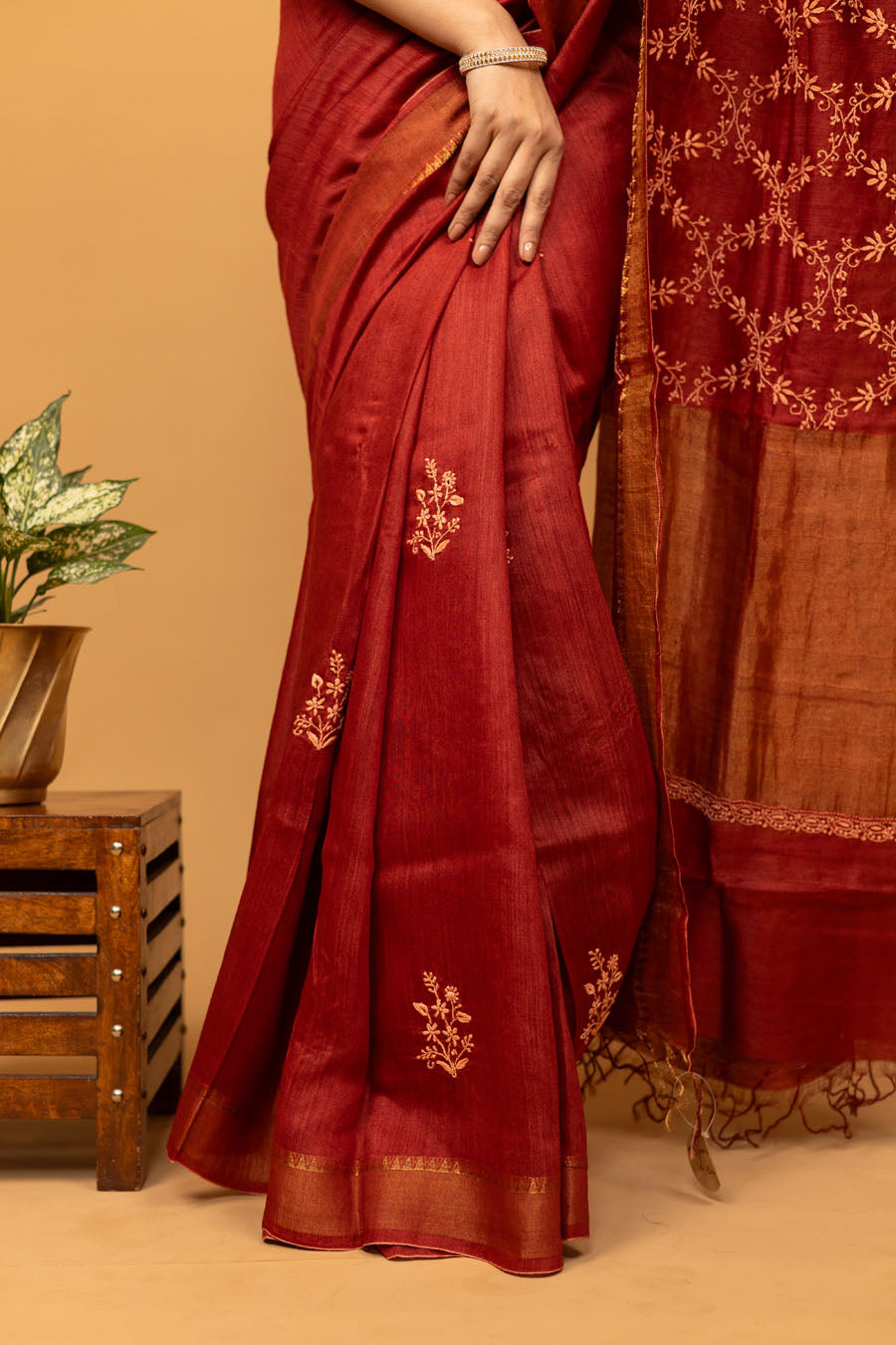Urvashi | Mystique Maroon Moonga Silk Chikankari Saree