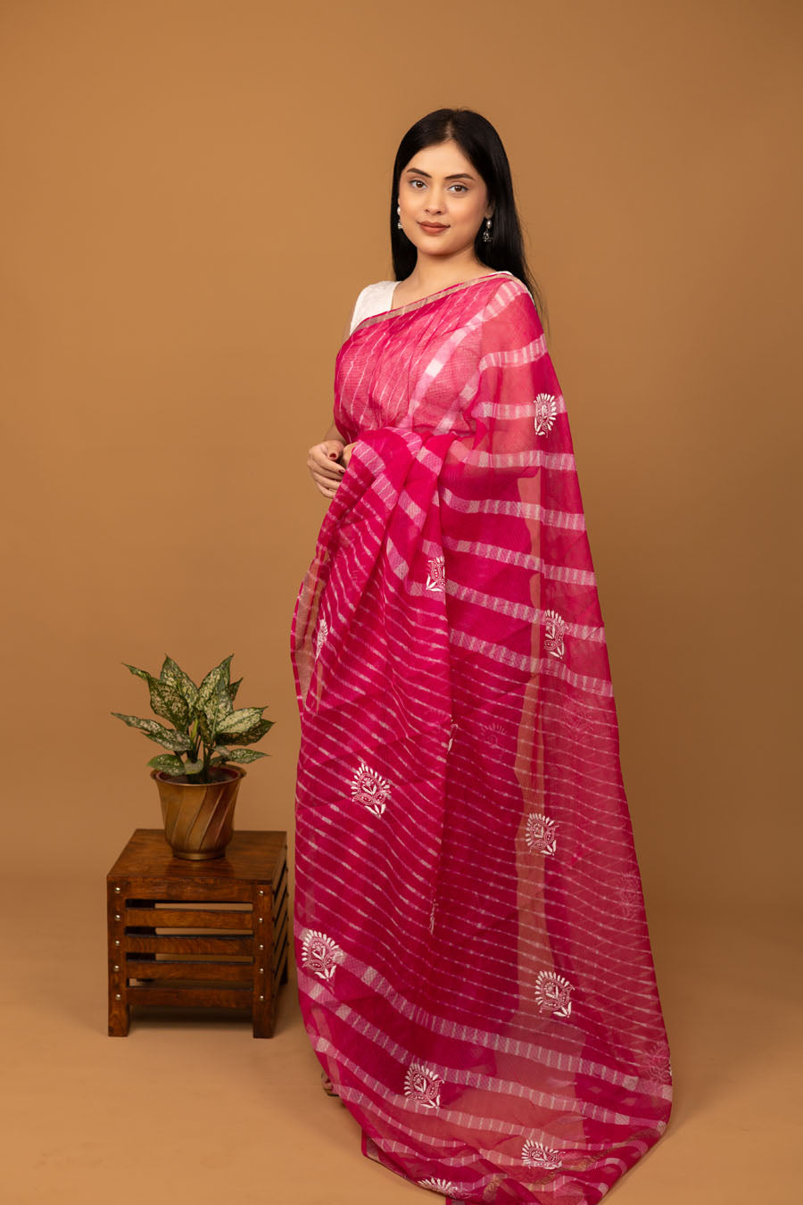 Surmayi | Crimson Pink Kotadoriya Leheriya Cotton ChikankariSaree