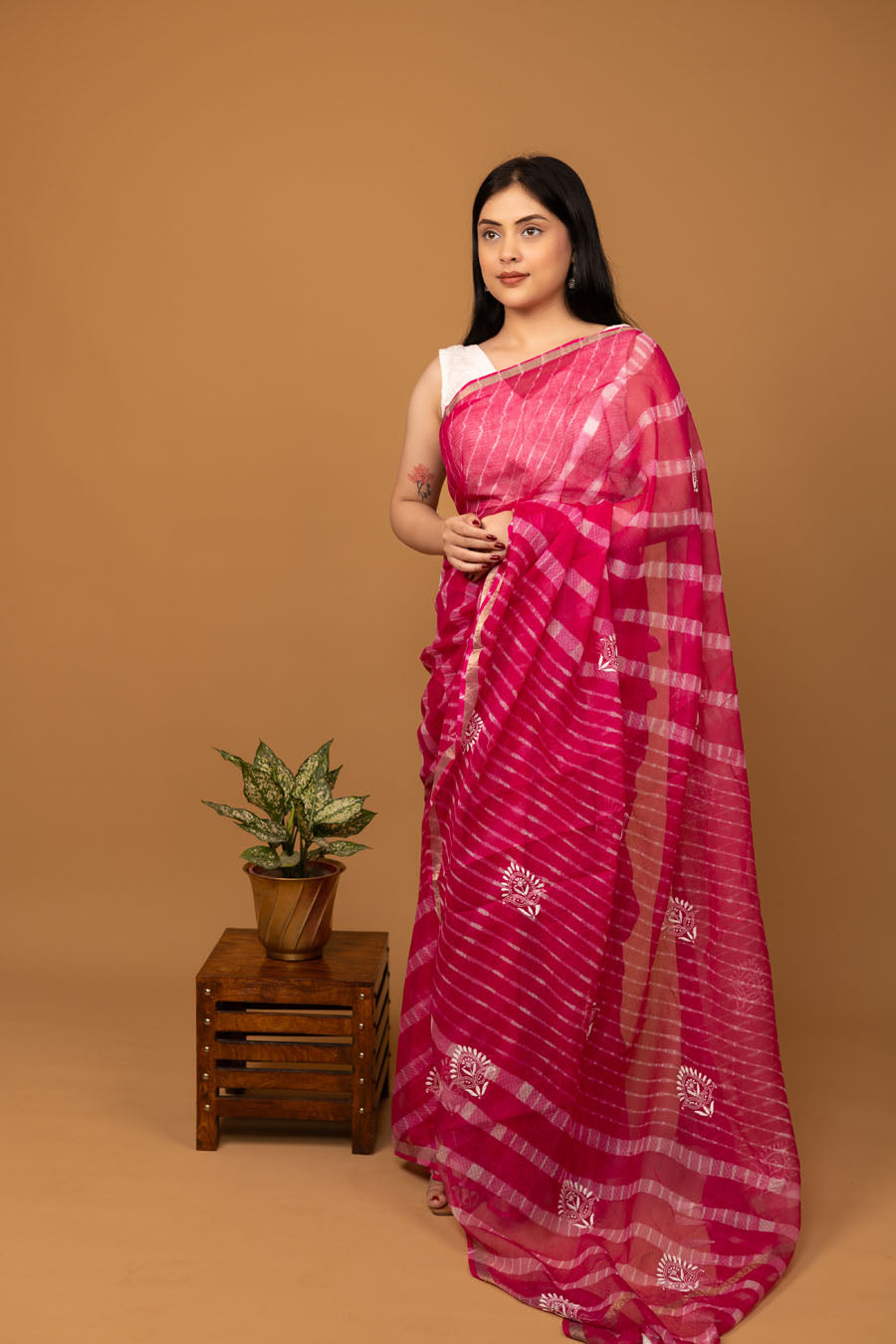 Surmayi | Crimson Pink Kotadoriya Leheriya Cotton ChikankariSaree