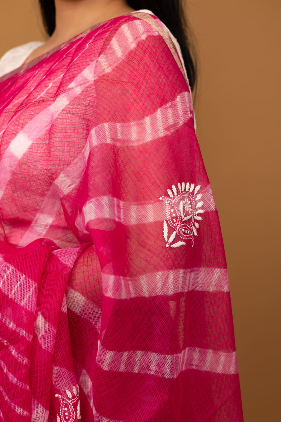 Surmayi | Crimson Pink Kotadoriya Leheriya Cotton ChikankariSaree