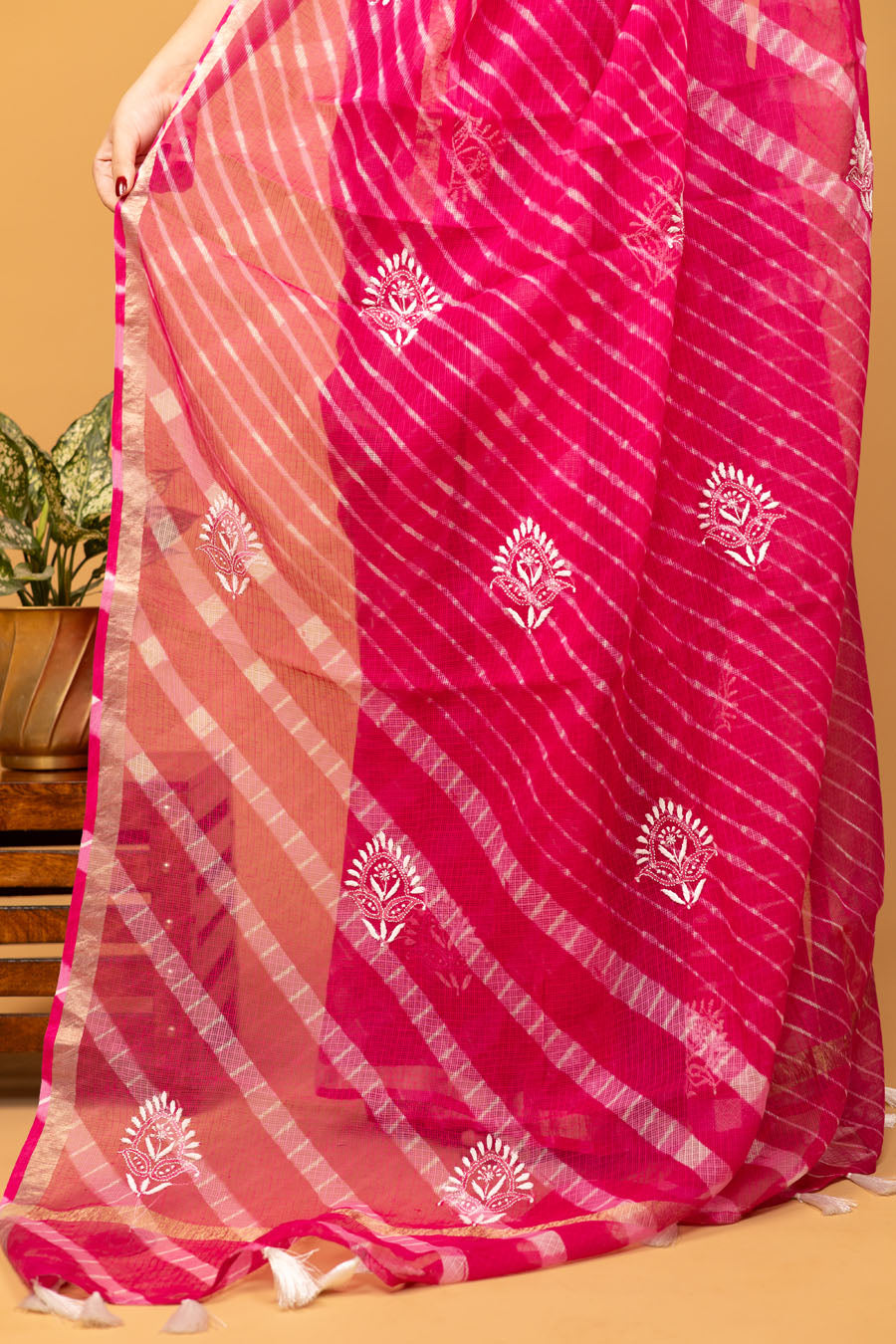 Surmayi | Crimson Pink Kotadoriya Leheriya Cotton ChikankariSaree