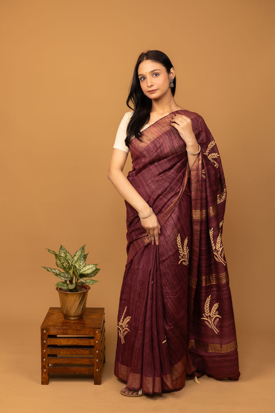 Urvashi | Glamorous Wine Ghicha Silk Chikankari Saree