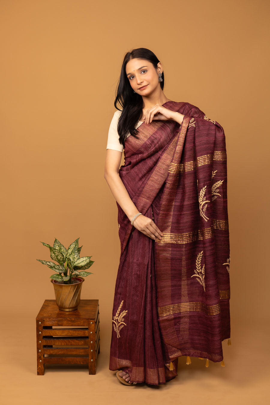 Urvashi | Glamorous Wine Ghicha Silk Chikankari Saree