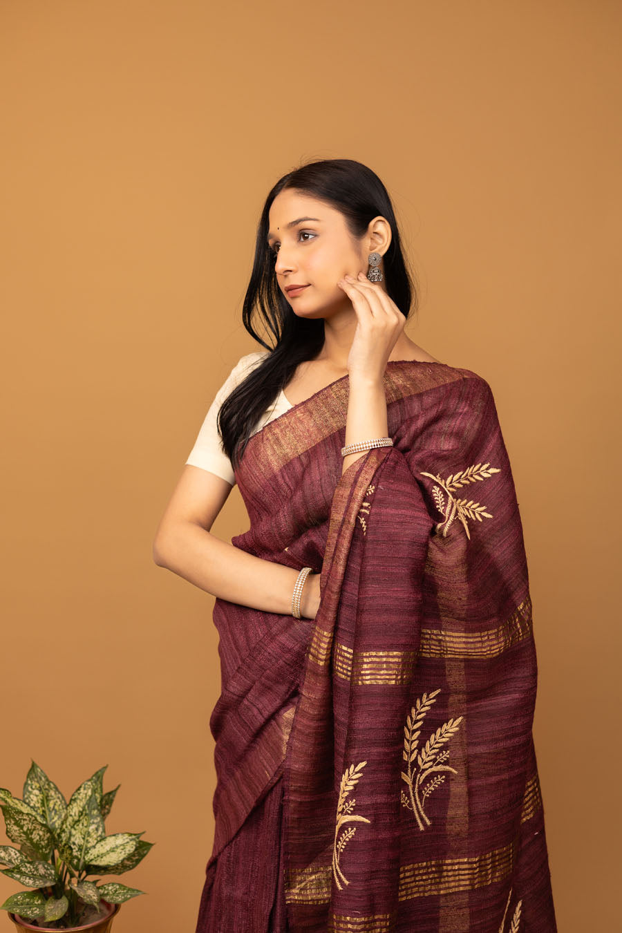 Urvashi | Glamorous Wine Ghicha Silk Chikankari Saree