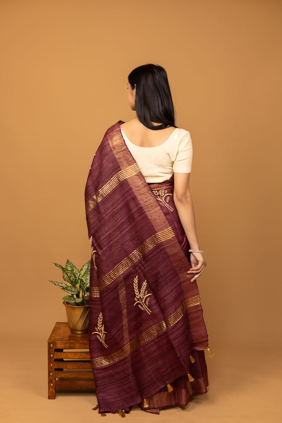 Urvashi | Glamorous Wine Ghicha Silk Chikankari Saree