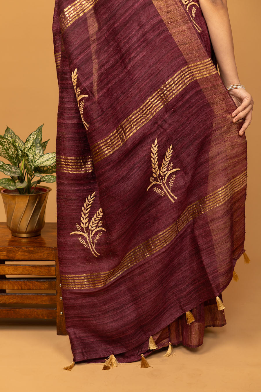 Urvashi | Glamorous Wine Ghicha Silk Chikankari Saree