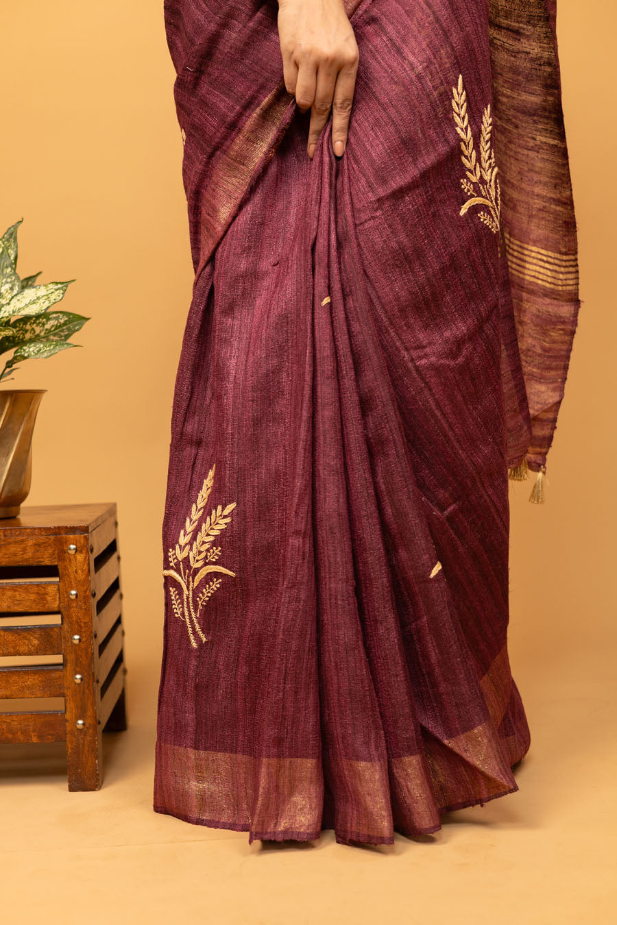 Urvashi | Glamorous Wine Ghicha Silk Chikankari Saree