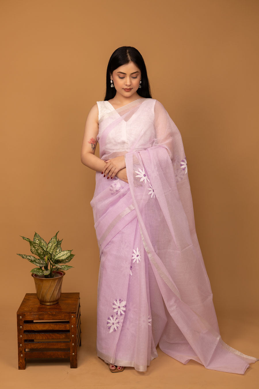 Vidushi | Elegant Lavender Kotadoriya Cotton Chikankari Saree