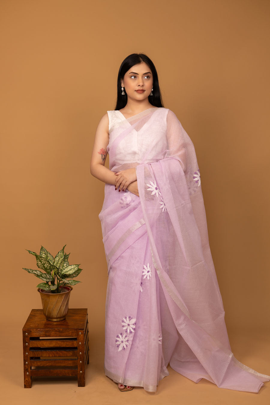Vidushi | Elegant Lavender Kotadoriya Cotton Chikankari Saree
