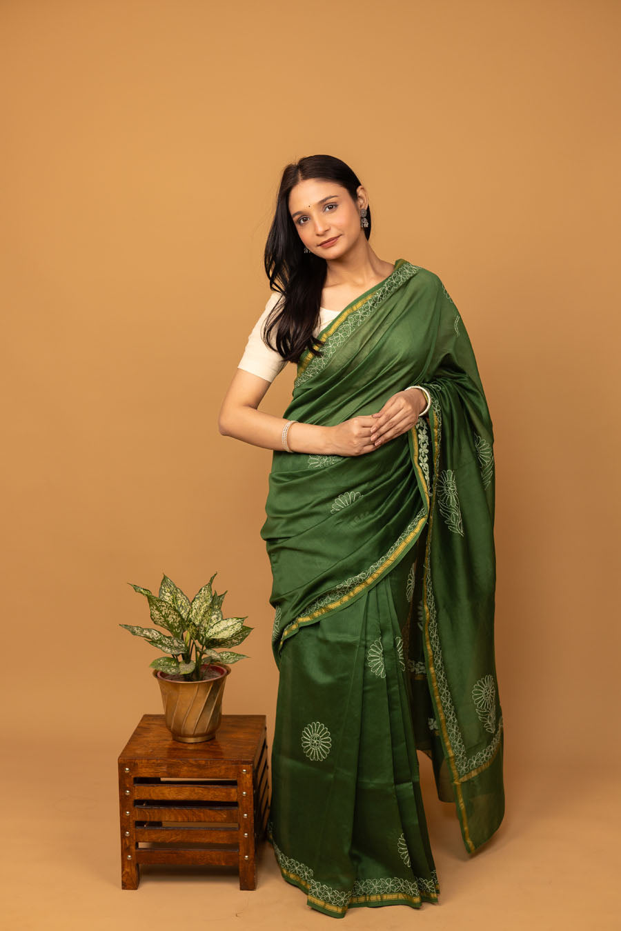 Urvashi | Jade Green Chanderi Silk Chikankari Saree